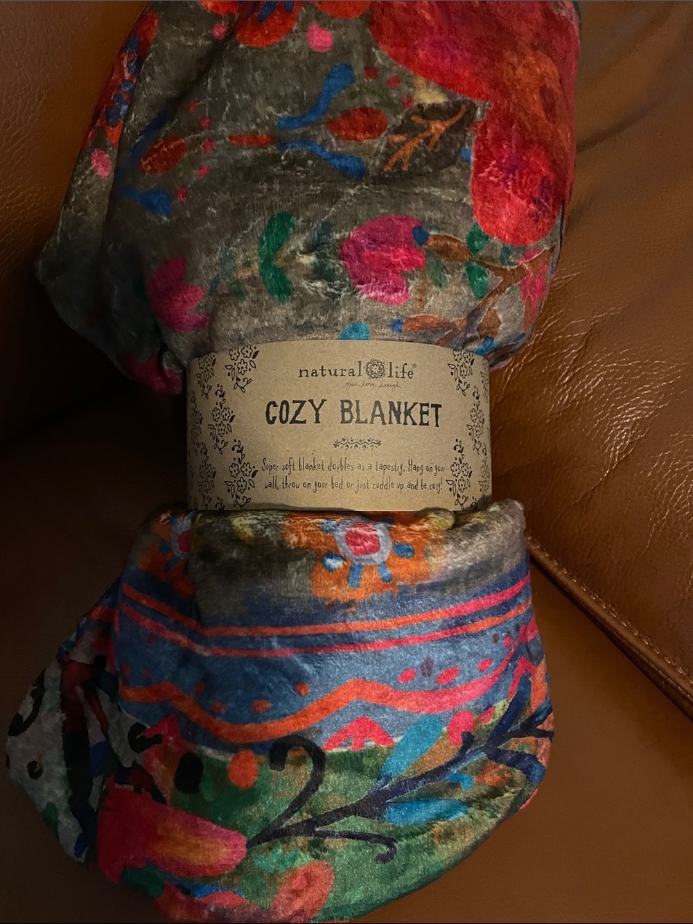 NATURAL LIFE Floral Velvet Throw Blanket in Gray with Pink, Blue & Green Accents
